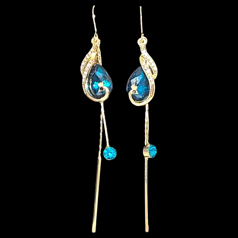 Gold Tone Blue Rhinestone Peacock Dangle Earrings 3.5" Long Statement